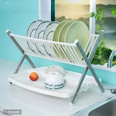 Foldable Dish Drying Rack Stainless Steel Plastic 2 Tier-thumb2