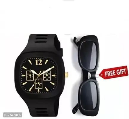 Men's Trending Combo, Square Sports Black Analog Watch + Stylish Black SKYWING Sunglass (Pack of 2)