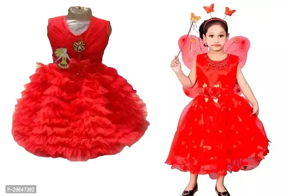 Fabulous Red Cotton Blend Embellished Pari Style Dress For Girls Pack Of 2