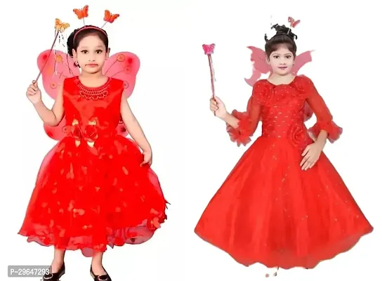 Fabulous Red Cotton Blend Embellished Pari Style Dress For Girls Pack Of 2