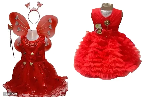 Fabulous Red Cotton Blend Embellished Pari Style Dress For Girls Pack Of 2