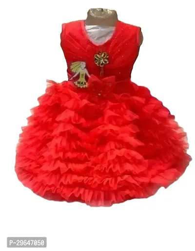 Fabulous Red Cotton Blend Embellished Pari Style Dress For Girls-thumb0