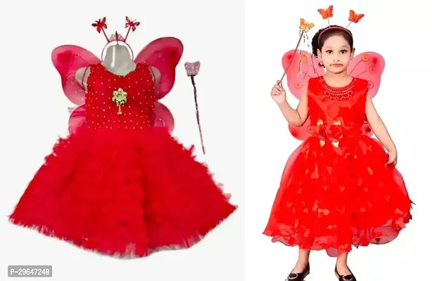 Fabulous Red Cotton Blend Embellished Pari Style Dress For Girls Pack Of 2-thumb0