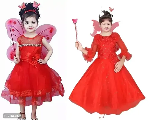 Fabulous Red Cotton Blend Embellished Pari Style Dress For Girls Pack Of 2