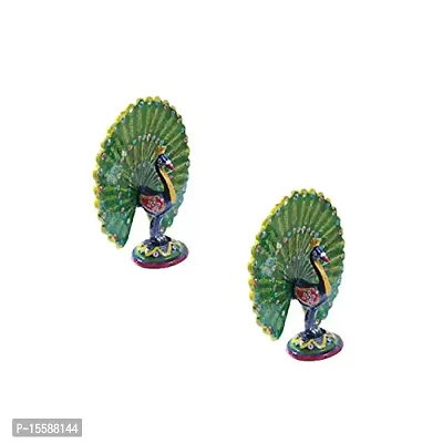 Rv_Art Wooden Dancing Peacock Colourful Painting 5 Craft Beautiful for Home Office (Green, Medium) - Set of 2