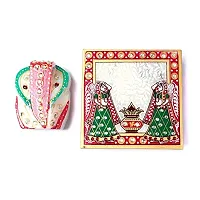 RV Art Marble Chowki Ganesh for Pooja/Meenakari Work Lord Ganesh Marble Pooja Chowki (White) (Set of 2)-thumb1