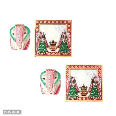 RV Art Marble Chowki Ganesh for Pooja/Meenakari Work Lord Ganesh Marble Pooja Chowki (White) (Set of 2)