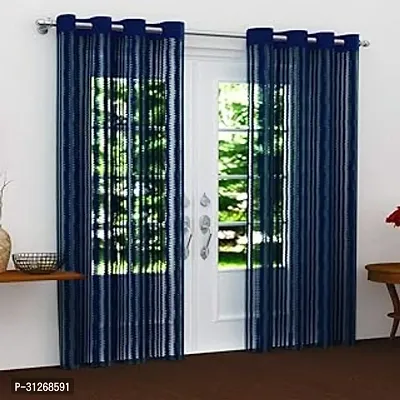 OWN WAY Tissue Net Polyester Zig Zag Striped Door Grommet Curtain Pack of 2 Piece W 4 feet X 7 Feet L Navy Blue-thumb0