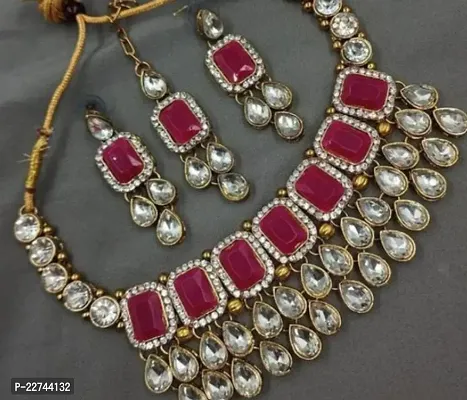 Traditional Alloy Maroon Crystal Necklace With Earrings Set For Women-thumb0