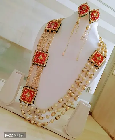 Traditional Alloy White Pearl Bridal Haar With Earrings Set For Women