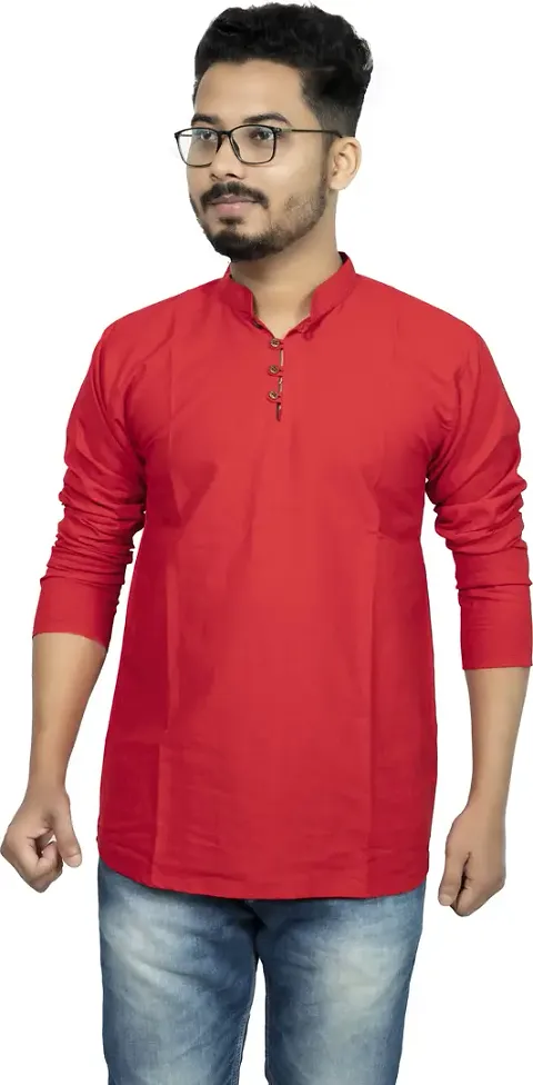 Classic Khadi Cotton Solid Short Kurtas For Men