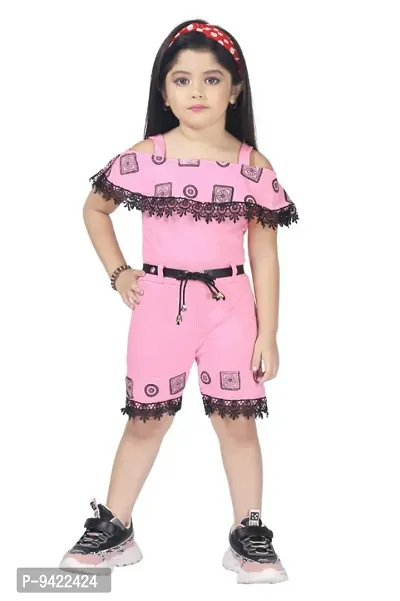 Stylish Multicoloured Cotton Blend Self Pattern Capri Jumpsuit For Girl