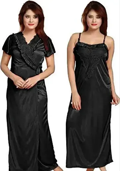 Siami Apparels Solid Satin Nighty with Robe | Stylist Comfy (2 PC Nighty Set) (Free Size, Black)