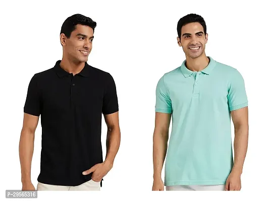 Reliable Cotton Blend Solid Polo Tees For Men Pack Of 2