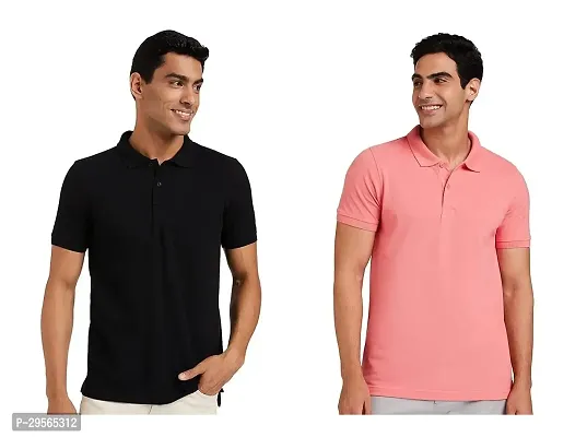 Reliable Cotton Blend Solid Polo Tees For Men Pack Of 2