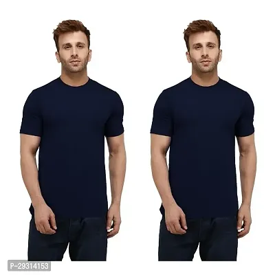 Trendy Navy Blue Cotton Blend Solid T-Shirt For Men-Pack Of 2