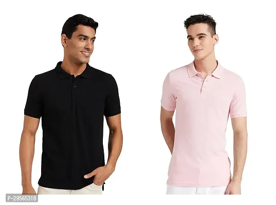 Reliable Cotton Blend Solid Polo Tees For Men Pack Of 2