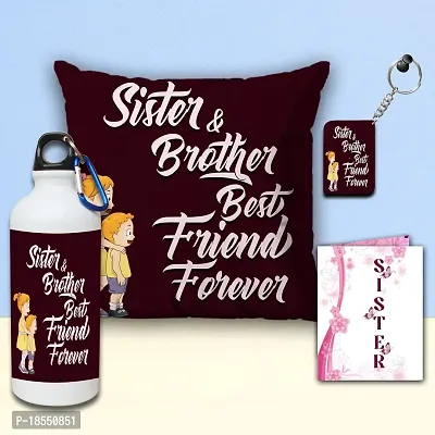 AWANI TRENDS Sweet Gifts for Sister | Combo Gift for Sister | Gift for Birthday, Anniversary, Rakhi| Sister  Brother Best Friend Forever Quoted Cushion, Sipper/Water Bottle, Keychain  Greeting Card