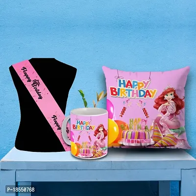 AWANI TRENDS Premium Birthday Gifts for Grilfriend Wife She Friend Girls |Happy Birthday Quoted Sash| Cushion Cover with Filler and Ceramic Mug (320 ml)-thumb0