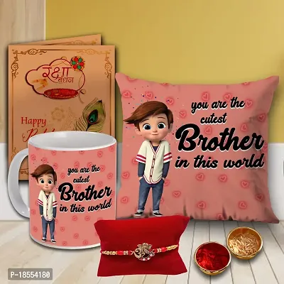 AWANI TRENDS Rakhi Gift for Brother Bhaiya Raksha Bandhan Gift Set Rakhi Combo Gift Set Printed Cushion Pillow (12 * 12 Inch) Ceramic Mug Rakhi Greeting Card Roli Chawal Birthday Gift for Brother