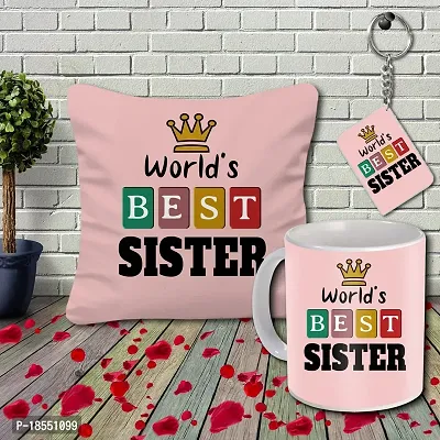 AWANI TRENDS Sweet Gifts for Sister | Gift Combo for Sister | Gift for Birthday, Anniversary, Rakhi| Combo Gift with Printed (World's Best Sister) Cushion, Ceramic Coffee Mug  Keychain