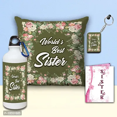 AWANI TRENDS Gift for Sister | Special Birthday Gift Pack |World's Best Sister - Printed Cushion with Filler| Sipper/Water Bottle | Keyring/Keychain Combo Gifts for Birthday (Pack of 4)