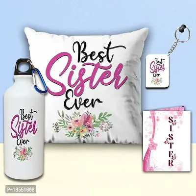 AWANI TRENDS Gift for Sister, Birthday Gift for Sister, Best Sister Ever Printed Cushion (12 * 12 Inch) with Sipper/Water Bottle, Greeting Card and Keychain Gift for Sister on Birthday, Rakhi-thumb0