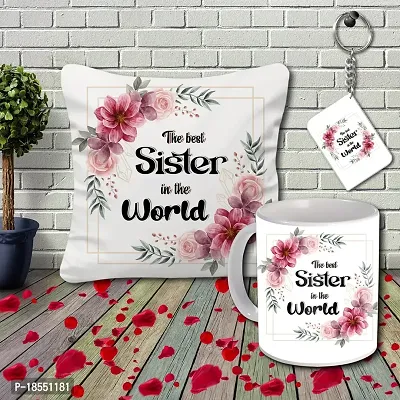 AWANI TRENDS Satin Cushion Cover with Filler | Ceramic Coffee Mug | Quoted Key Ring/Key Chain (16 Inch * 16 Inch - Multicolour) - 3 Pieces | Special Birthday Gift Hamper for Cute Sister