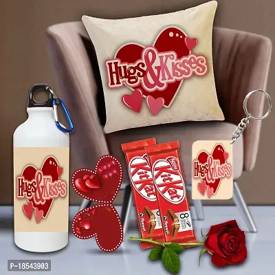 AWANI TRENDS Valentine Day Gift|Gift for Girlfriend/ Wife/ Husband/ Boyfriend| Birthday Gift| Combo Sipper Bottle Cushion Cover (16x16 inch) with Chocolates and Keychain Rose Greeting Card 06