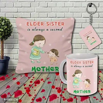 AWANI TRENDS Elder Sister is Always A Second Mother - Ceramic Mug | Cushion and Keychain - Best Gift for Sister/Behen on Rakhi/Rakshabandhan/Birthday/Anniversary/Special Day