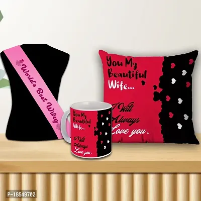 AWANI TRENDS Romantic Birthday Gift for Wife Anniversary Gift for Wife |Printed Combo Pack of 4 (Mug 325 ml, Cushion Cover 12 * 12 inch with Filler, Sash)