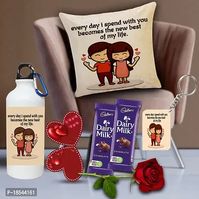 AWANI TRENDS Valentine Day Gift|Gift for Girlfriend/ Wife/ Husband/ Boyfriend| Birthday Gift| Combo Sipper Bottle Cushion Cover (16x16 inch) with Chocolates and Keychain Rose Greeting Card 20