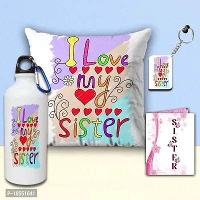 AWANI TRENDS I Love Sister - Sipper/Water Bottle | Cushion (12 * 12 Inch) |Greeting Card and Keychain - Best Gift for Sister/Behen on Rakhi/Rakshabandhan/Birthday/Anniversary/Special Day