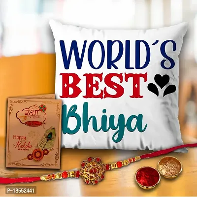AWANI TRENDS Rakhi?Gift for Brother/Bhaiya/Bhai | Raksha Bandhan Gift | Birthday Combo Gift | World's Best Bhaiya Quoted - Cushion (12 * 12 Inch), Greeting Card, Rakhi, Roli Chawal.