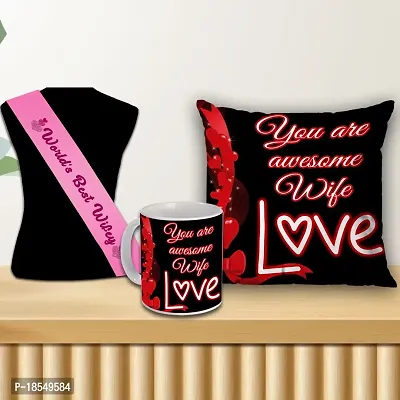 AWANI TRENDS Romantic Birthday Gift for Wife Anniversary Gift for Wife |Printed Combo Pack of 4 (Mug 325 ml, Cushion Cover 12 * 12 inch with Filler, Sash)