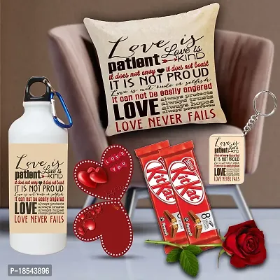 AWANI TRENDS Valentine Day Gift|Gift for Girlfriend/ Wife/ Husband/ Boyfriend| Birthday Gift| Combo Sipper Bottle Cushion Cover (16x16 inch) with Chocolates and Keychain Rose Greeting Card 28-thumb0