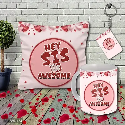 AWANI TRENDS Gift for Sister | Hey Sis You are Awesome Quoted Keyring with Ceramic Coffee Mug and Cushion| Combo Gifts for Sister on Birthday, Raksha Bandhan (Pack of 3)