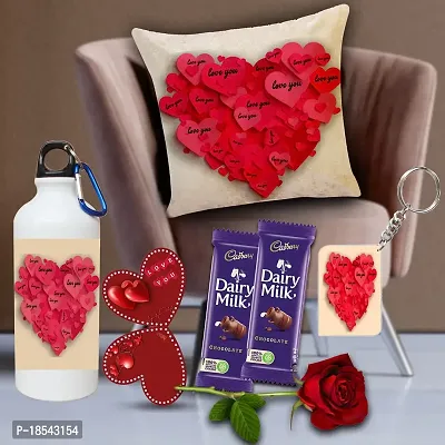 AWANI TRENDS Valentine Day Gift|Gift for Girlfriend/ Wife/ Husband/ Boyfriend| Birthday Gift| Combo Sipper Bottle Cushion Cover (16x16 inch) with Chocolates and Keychain Rose Greeting Card 14