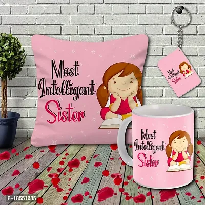 AWANI TRENDS Birthday Bhaidooj Rakhi BirthdayGift Combo Set for Sister/Behan (Cushion Cover with Filler + Coffee Mug + Key Ring) - Most Intelligent Sister (Pack of 3)