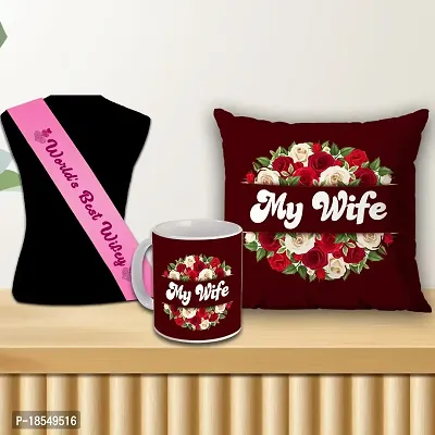 AWANI TRENDS Romantic Birthday Gift for Wife Anniversary Gift for Wife |Printed Combo Pack of 4 (Mug 325 ml, Cushion Cover 12 * 12 inch with Filler, Sash)