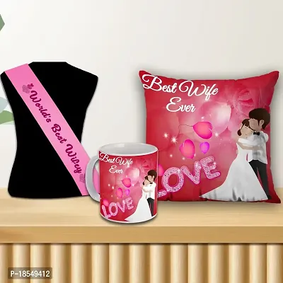 AWANI TRENDS Romantic Birthday Gift for Wife Anniversary Gift for Wife |Printed Combo Pack of 4 (Mug 325 ml, Cushion Cover 12 * 12 inch with Filler, Sash)