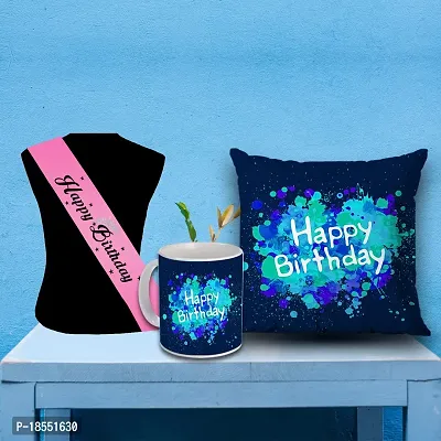 AWANI TRENDS Premium Birthday Gift Combo | Beautiful Gift Set for Lovely Wife or Girlfriend | Gift Set for Birthday | Gift Pack of Happy Birthday Quoted Sash |Cushion and Ceramic Mug (Pack of 3)