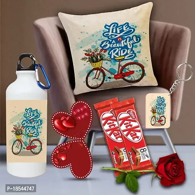 AWANI TRENDS Valentine Day Gift|Gift for Girlfriend/ Wife/ Husband/ Boyfriend| Birthday Gift| Combo Sipper Bottle Cushion Cover (16x16 inch) with Chocolates and Keychain Rose Greeting Card 24
