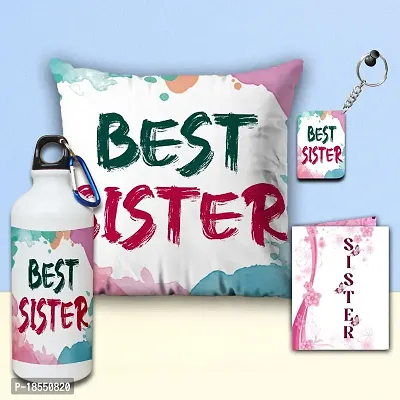 AWANI TRENDS Gift for Sister | Unique Gift Item for Sister | Best Sister - Printed Cushion | Sipper/Water Bottle (600 ml) | Keyring/Keychain |Greeting Card| Combo Gifts for Birthday