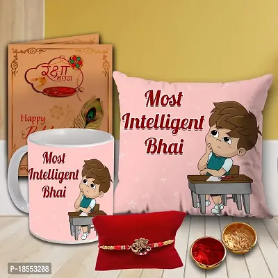 AWANI TRENDS Rakhi Combo Gift for Brother Raksha Bandhan Gift Hamper Most Intelligent Bhai Printed Cushion Pillow (12 * 12 Inch) Ceramic Mug Rakhi Greeting Card Roli Chawal Birthday Gift for Brother