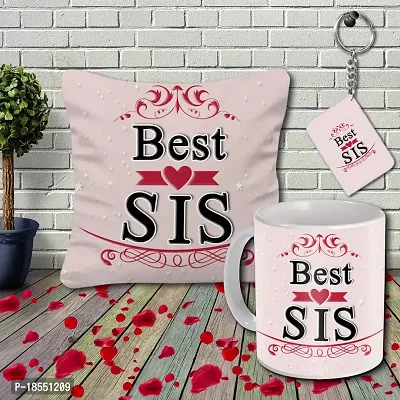 AWANI TRENDS Sweet Gifts for Sister | Gift Combo for Best Sister | Sister Gift Hamper | Gift for Birthday Special, Anniversary, Rakhi| Combo Gift with Quoted Cushion, Ceramic Mug  Keychain