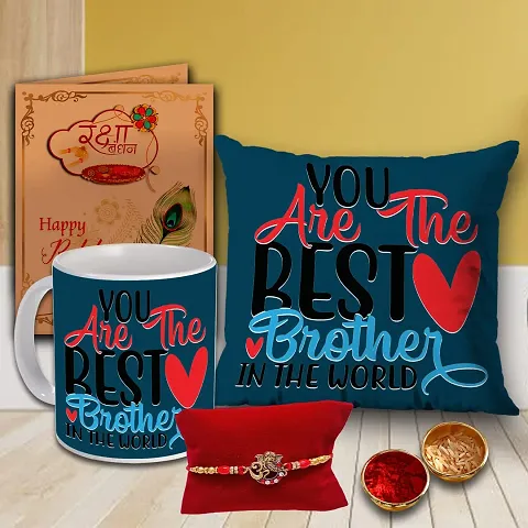 AWANI TRENDS Rakhi Gift for Brother Raksha Bandhan Gift Hamper Cushion Pillow (12 * 12 Inch) Ceramic Mug Rakhi Greeting Card Roli Chawal Birthday Gift for Brother
