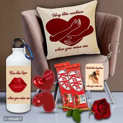 AWANI TRENDS Valentine Day Gift|Gift for Girlfriend/ Wife/ Husband/ Boyfriend| Birthday Gift| Combo Sipper Bottle Cushion Cover (16x16 inch) with Chocolates and Keychain Rose Greeting Card 03