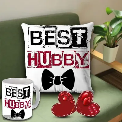 AWANI TRENDS Romantic Gift Combo | Beautiful Gift Pack | Gift for Anniversary | Best Hubby Quoted Cushion | Ceramic Mug and Greeting Card | Love Gift Hamper for Love Ones (Pack of 3)