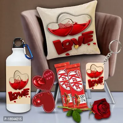 AWANI TRENDS Valentine Day Gift|Gift for Girlfriend/ Wife/ Husband/ Boyfriend| Birthday Gift| Combo Sipper Bottle Cushion Cover (16x16 inch) with Chocolates and Keychain Rose Greeting Card 01
